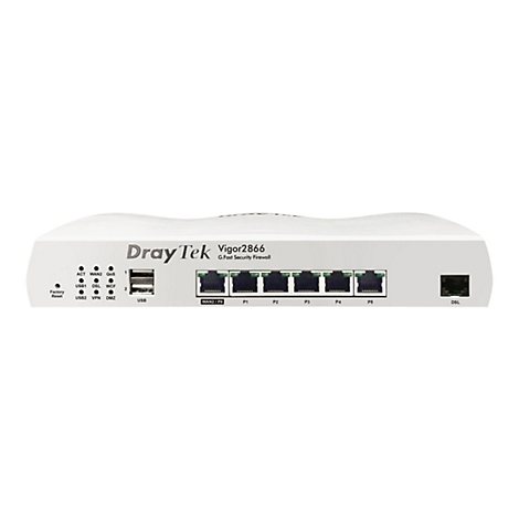 Ein weißes DrayTek Vigor2866 G.Fast Security Firewall-Gerät, Ansicht der Vorderseite. Mit Anschlüssen, LEDs und Beschriftungen.