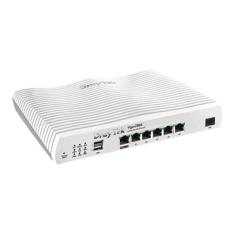 Ein weißer DrayTek Vigor2866 Router mit zahlreichen Anschlüssen und Kontrollleuchten. Die Oberfläche ist mit feinen, parallelen Linien strukturiert.