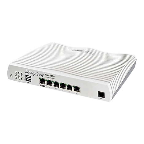 Ein weißes DrayTek Vigor2866 G.Fast Security Firewall Router. Auf der Vorderseite befinden sich mehrere Anschlüsse und Leuchten.