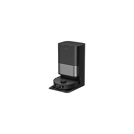 Schwarzer Roboter-Staubsauger mit Dockingstation. Der Roboter hat eine runde Form, die Station ist quadratisch.