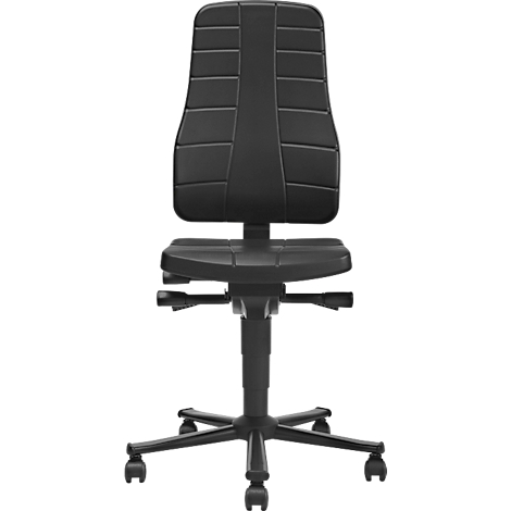 Schwarzer ergonomischer Bürodrehstuhl mit hoher Rückenlehne vor weißem Hintergrund.