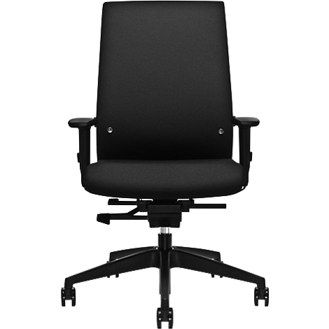 Schwarzer Bürostuhl mit Armlehnen und Rollen, Frontansicht.