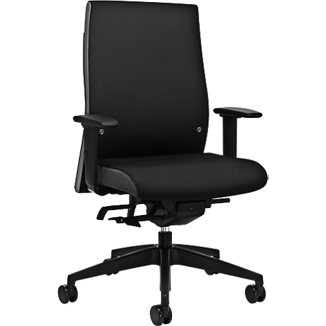 Schwarzer Bürostuhl. Hohe Rückenlehne, Armlehnen, Rollen. Funktionales Design.