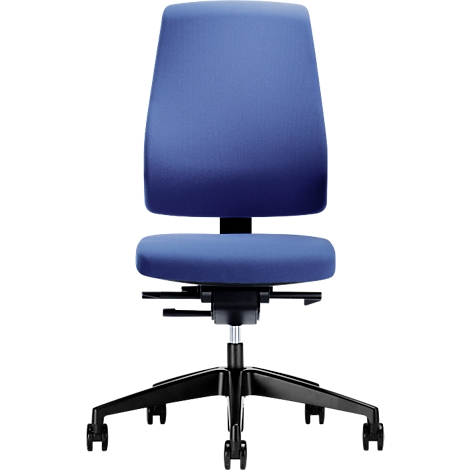 Blauer Bürostuhl mit schwarzem Gestell, Blick von vorne.