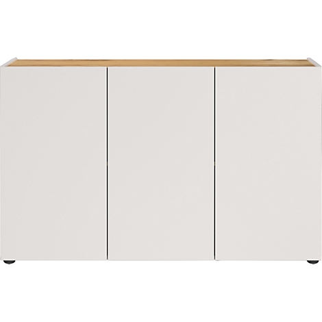 Wit dressoir met drie deuren en een houten blad.