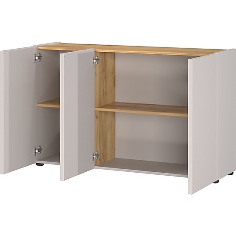 Een witte dressoir met drie deuren die open zijn. De binnenkant is houtkleurig, met een plank. De bovenkant is ook houtkleurig.