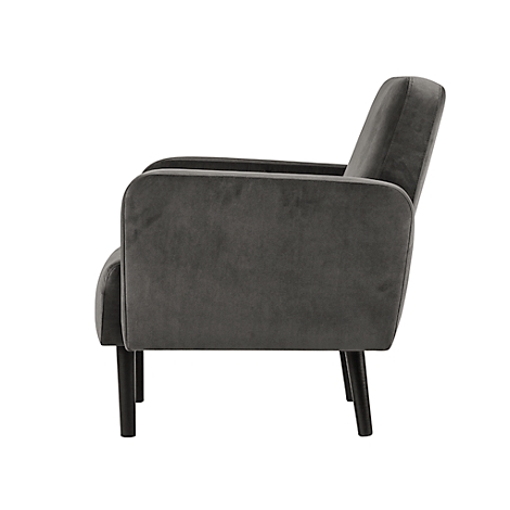 Profiel van een grijze fluwelen fauteuil, zwarte poten, tegen een witte achtergrond.