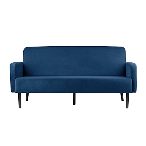 Blauwe bank met zwarte poten op een witte achtergrond.