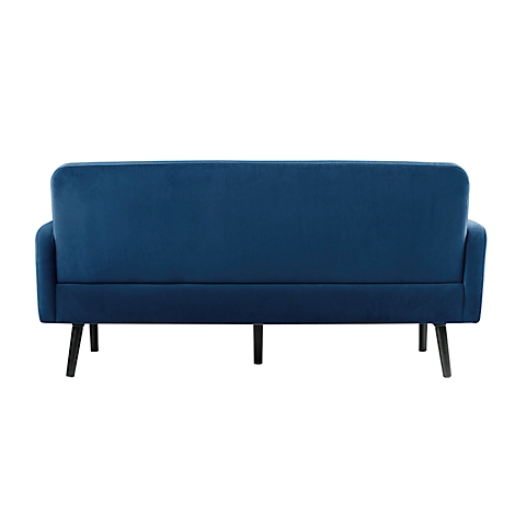Achteraanzicht van een blauwe bank met zwarte poten op een witte achtergrond.