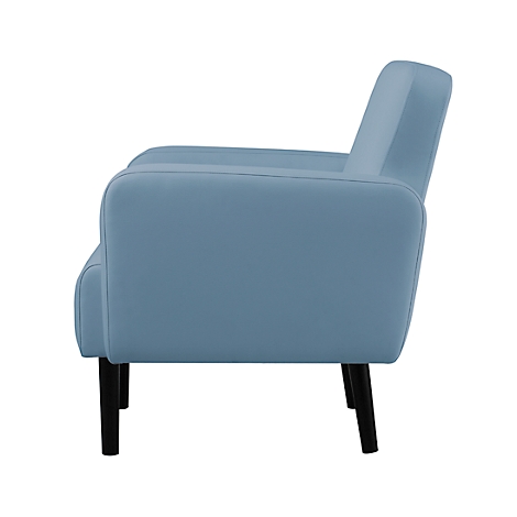Lichtblauwe fauteuil in profiel. Zwarte houten poten. Gevoerde armleuningen en rugleuning.