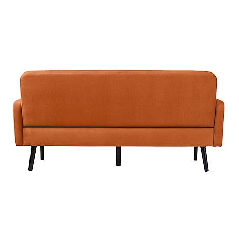 Achteraanzicht van een oranje bank met zwarte poten.