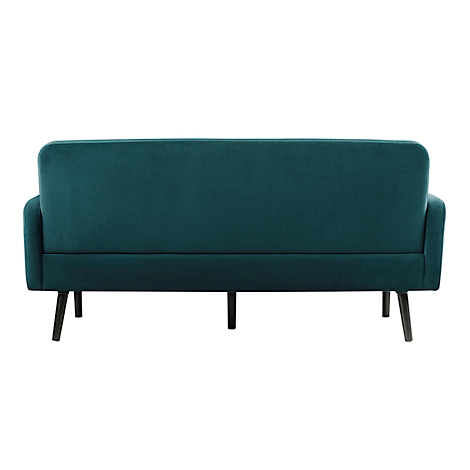 Achteraanzicht van een teal fluwelen bank met zwarte poten.