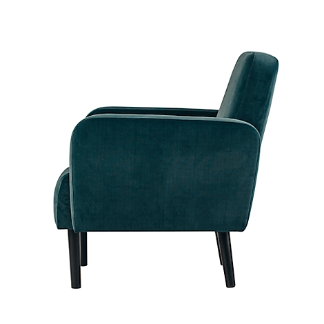 Een groene fauteuil met zwarte poten, zijaanzicht op een witte achtergrond.