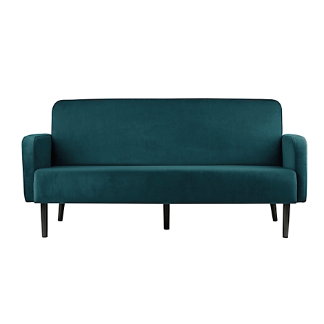 Teal sofa, fluwelen stof, zwarte poten.