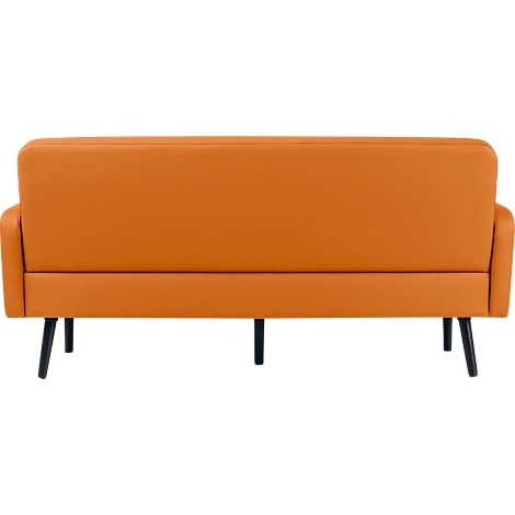 Achteraanzicht van een oranje bank met zwarte poten.