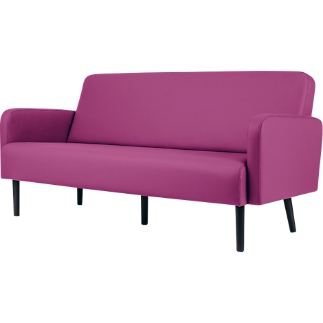 Magenta bank, strakke lijnen, zwarte poten. Modern design.