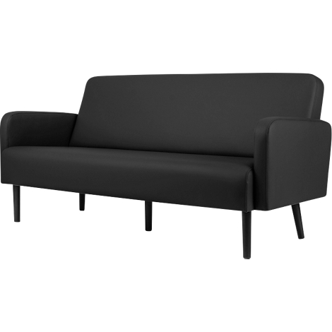 Zwart bankstel met twee armleuningen en slanke poten. De zitting is glad en modern.