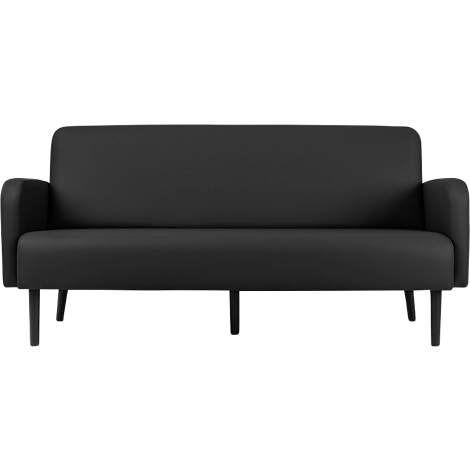 Zwarte bank met houten poten. Gevoerde rugleuning en armleuningen. Minimalistisch design.