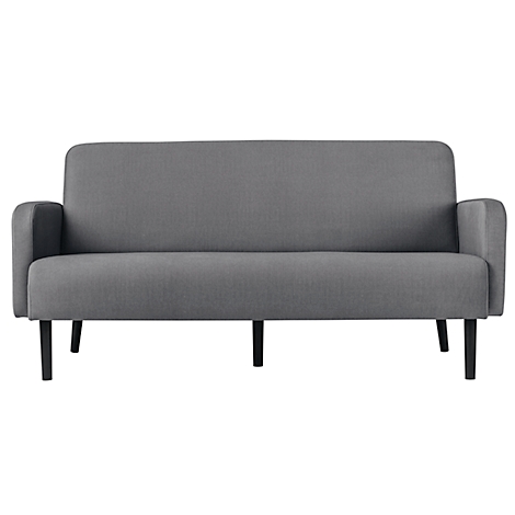 Grijs bankstel met zwarte poten, minimalistisch design. De stof voelt fluwelig aan.