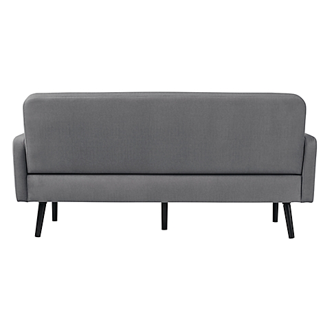 Grijs sofa met zwarte poten, achteraanzicht.