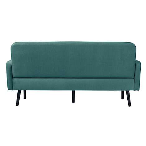 Achteraanzicht van een turquoise bank met zwarte poten. De rugleuning is hoog en de armleuningen zijn afgerond.