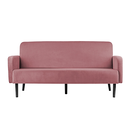 Roze bank met zwarte poten, op een witte achtergrond. Armleuningen en rugleuning licht afgerond.