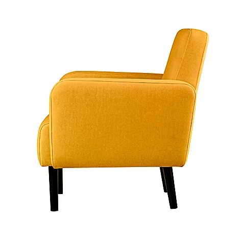 Gele fauteuil in profiel, zwarte poten.
