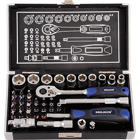 Toolbox with wrenches, bits and accessories, open.