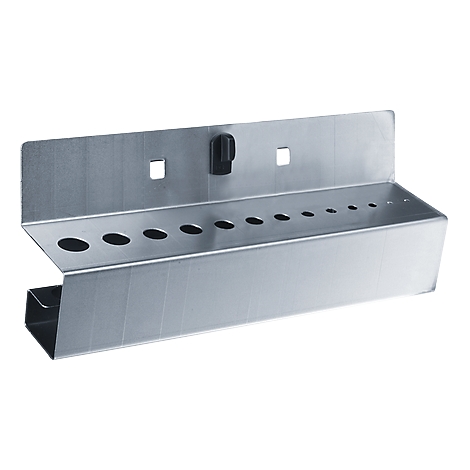 Metal tool holder with holes of varying sizes.