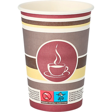 Paper cup with brown and yellow stripes and coffee logo.