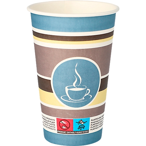 Paper cup with blue, brown, and yellow stripes. In the middle, a blue logo featuring a coffee cup and steam.