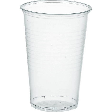Transparent plastic cup, ribbed, with reinforced bottom.