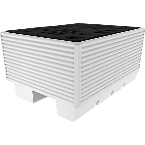 White, ribbed container with black lid. Text on the lid. Two recesses are visible at the bottom.