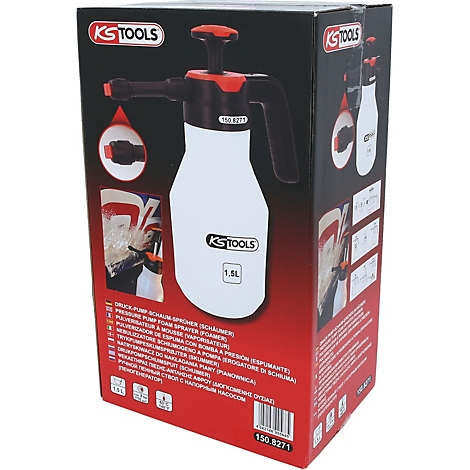 Drucksprüher mit roter Pumpe auf schwarzem Hintergrund. Auf der Verpackung befindet sich das Logo von KS TOOLS und Text in verschiedenen Sprachen.