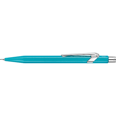Türkis farbener Stift, Detailaufnahme. Mit silbernem Clip und Stiftspitze.