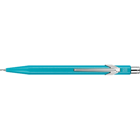 Türkisfarbener Stift, Metallclip, Spitze, Blick von oben.
