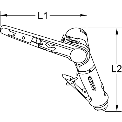 Technische Zeichnung eines KS TOOLS Schleifbands. Der Schleifer ist abgewinkelt, mit den Maßen L1 und L2 gekennzeichnet.