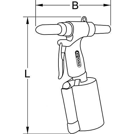 Werkzeug zur Nietverbindung, mit Maßangaben für Länge (L) und Breite (B). Auf dem Werkzeug ist der Schriftzug "KS TOOLS" zu sehen.