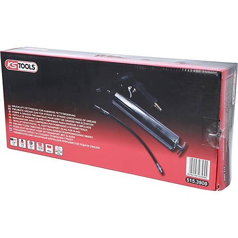 Schwarze Box mit Fettpresse, Text in mehreren Sprachen, KS TOOLS Logo und Barcode.