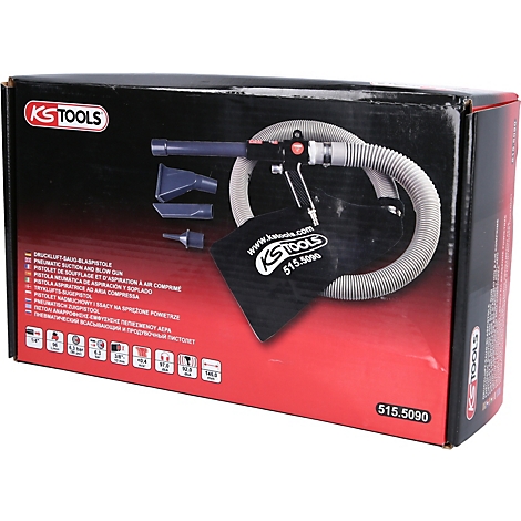 Produktverpackung einer Druckluft-Saugpistole von KS TOOLS. Schwarzer Karton mit Produktbild und technischen Daten.