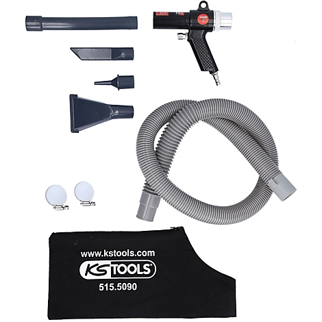 Eine schwarze Druckluftpistole mit Zubehör wie Düsen, Schlauch und Beutel. Auf dem Beutel steht "KS TOOLS".