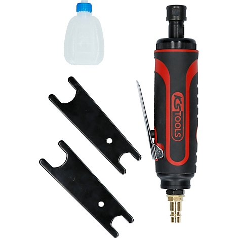 Schleifmaschine mit Zubehör, inkl. Ölflasche und Schlüssel. Das Gerät ist schwarz-rot mit dem Logo 'KS TOOLS'.