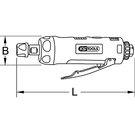 Technische Zeichnung eines Druckluftschleifers mit den Kennzeichnungen "B" und "L" für die Abmessungen und dem Logo von KS Tools.