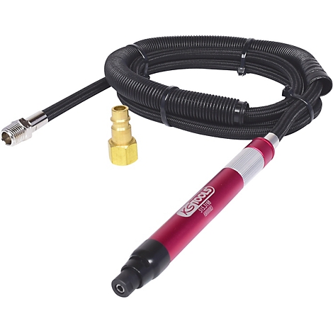 Rote Druckluft-Schleifmaschine mit schwarzem Schlauch, Goldfarbener Stecker, liegend.