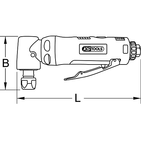 Draufsicht auf einen pneumatischen Knarrenschlüssel. Das KS TOOLS Logo ist gut erkennbar. Daneben die Maße B und L.
