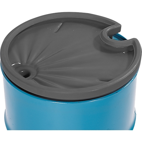 Top view of a blue bowl with a grey lid. The lid has a recess and a central opening.