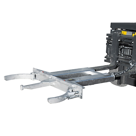 Silver forklift attachment with gripping arms. On white background.