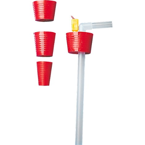 Red funnels and a dispensing valve, connected to a transparent tube.