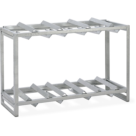 Grey metal rack with two levels divided by diagonal struts.