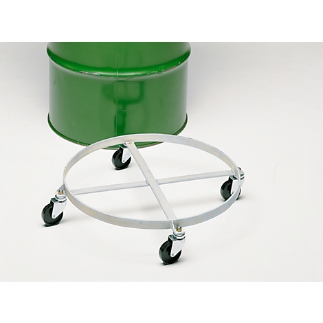 A green metal container sits above a rolling coaster with four black wheels.